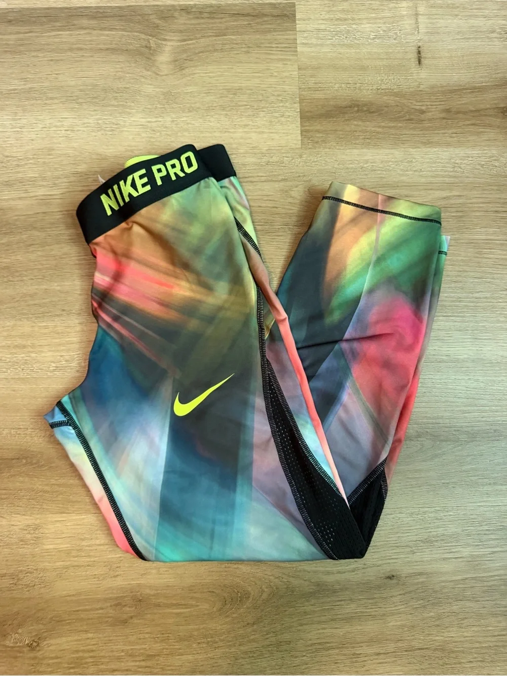 Nike Pro Girls' Multicolor Marble-Print Leggings with Neon Yellow Accents